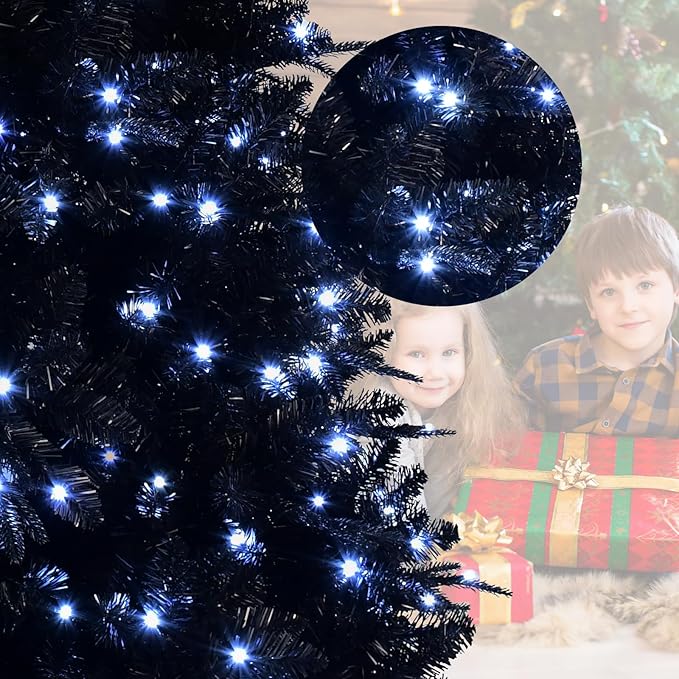 8FT PreLit Black Christmas Tree with 600 Lights, Artificial Fake Christmas Tree with 2486 PE&PVC Branch Tips, Halloween and Xmas Tree for Holiday Decorations, Metal Stand and Hinged Branches