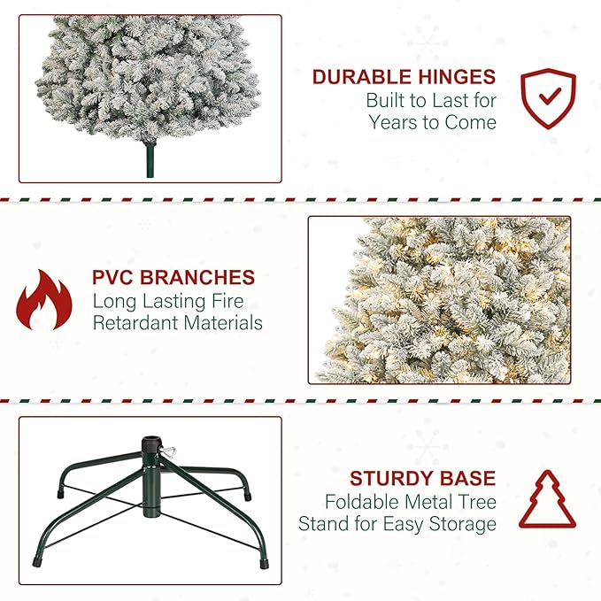 6ft Prelit Flocked Christmas Tree, Artificial Holiday Christmas Tree with 250 Warm White Lights, 1032 Branch Tips, Hinged Design & Metal Base, Easy Assembly for Indoor Decorating