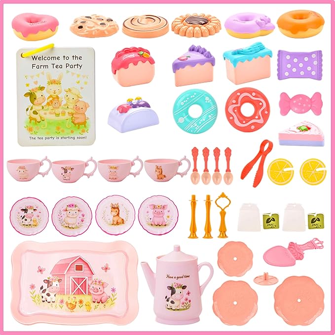 Toddler Farm Theme Tea Set for Girls 3-5, 47PCS Plastic Barn Animal Pretend Play Tea Party Set with Teapot, Cups, Tray, Desserts & Story Cards, Carrying Case Pink Gift Toy for Kids