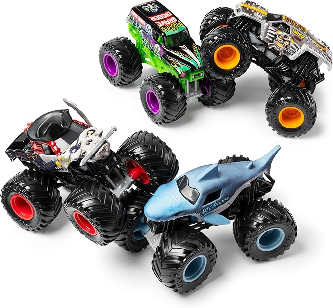 Monster Jam, Land vs. Sea 4 Pack Monster Trucks (Grave Digger, Max-D, Megalodon, and Pirate’s), 1:64 Scale, Kids Toys for Boys and Girls Ages 3 and up