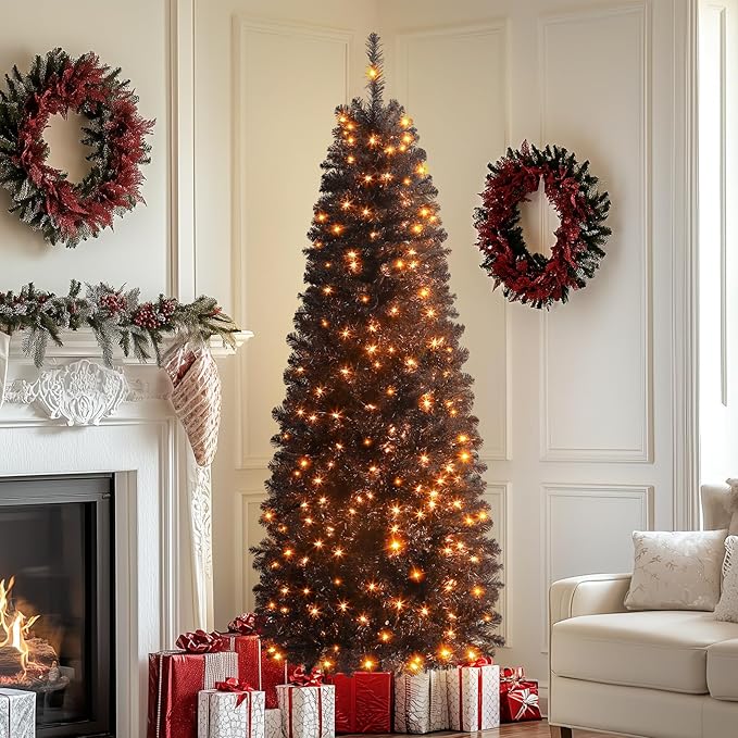 SHareconn 4ft Prelit Artificial Hinged Slim Pencil Christmas Tree with Warm White Lights, Full Branch Tips, Perfect Choice Decoration for Xmas Holiday, 4 FT, Black