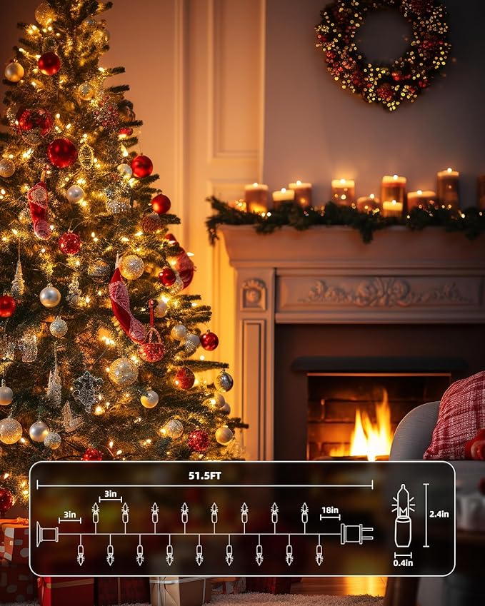 Brightown Clear Christmas String Lights, 200-Count 51.5ft Incandescent Bulb Mini Lights for Indoor Holiday Decor, Christmas Tree Garland Wedding Party Multi-Use Festival Decoration, White Wire