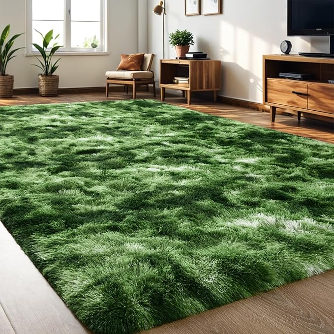 Nuttumico Large Fluffy Area Rug, 6x9 Feet Modern Indoor Carpets for Living Room Bedroom, Plush High Pile Tie-Dyed Dark Green Rug for Girls Kids Playroom Classroom Nursery Home Decor