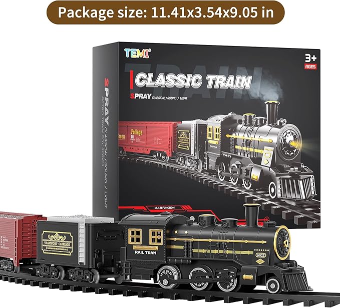 TEMI Steam Train Toy Set for Boys 3 4 5 6 7 Years, with Sounds & Light, Electric Classical Engine Locomotive for Kids, Rechargeable Model Train Kit for Christmas Tree, Cargo Car Railway Tracks