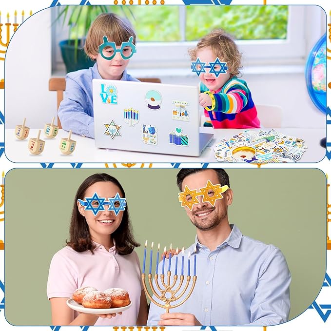 123Pcs Hanukkah Party Favors Silicone Bracelets Rubber Sets Chanukkah Wooden Gyro and Sticker Kits Hanukkah Wristbands and Paper Glasses Party Gifts for Adults Chanukkah Decorations Accessories