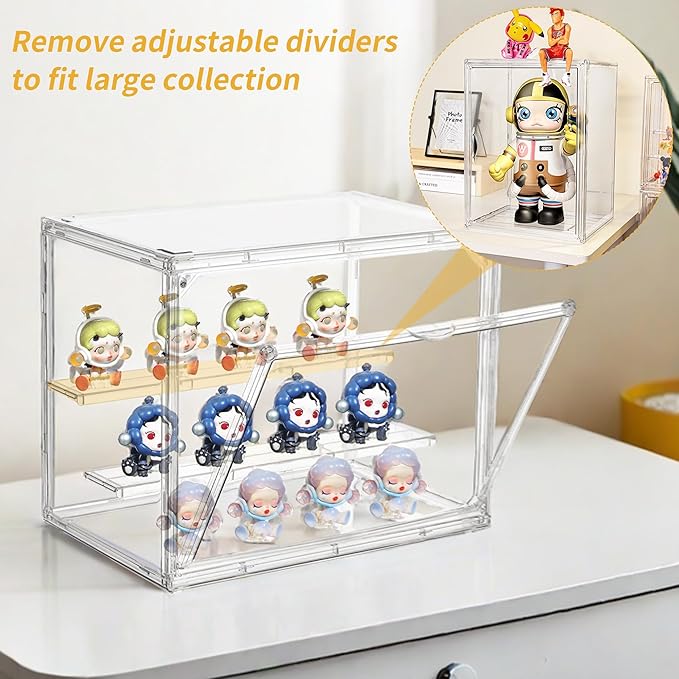 Acrylic Display Case,3 Layer Clear Display Case Adjustable Display Box Stand with 2 Movable Dividers Small Showcase Magnetic Door for Collections Mini Figures