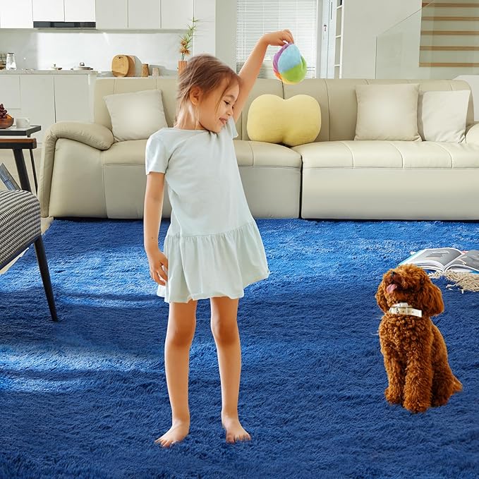 Ultra Soft Rug for Living Room,Blue Fluffy Shag Area Rug for Bedroom, Modern Shaggy Carpets Fuzzy Rug for Kids Boys Girls Dorm Nursery Home Decor Aesthetic, Upgrade Anti-Skid Durable, 3X4