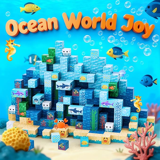 100 PCS Magnetic Blocks for Kids Ages 3 4 5 6 7 8 9 10, STEM Sensory Ocean Magnetic Toys, Christmas Birthday Gifts for Toddlers Boys & Girls