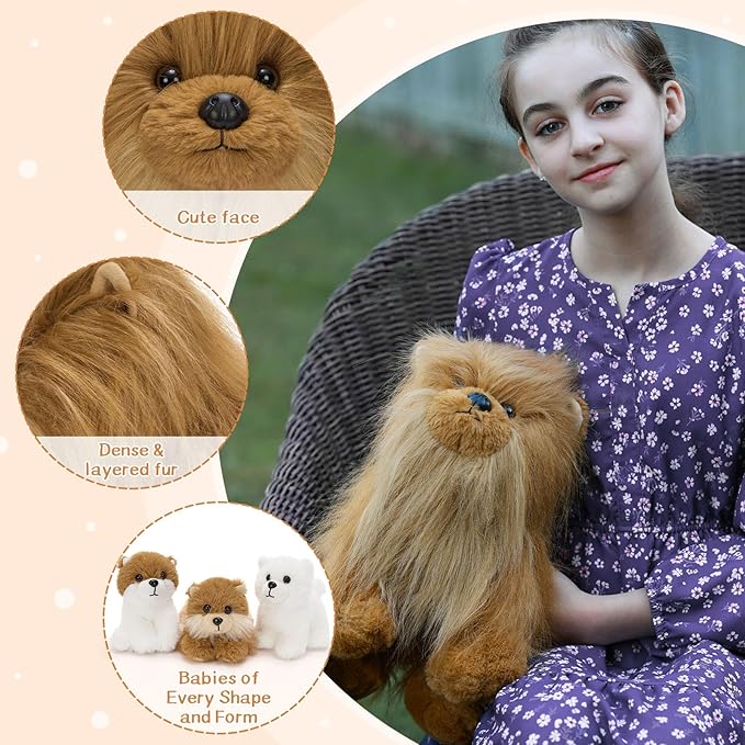 Tezituor Realistic Pomeranian Stuffed Animal Plush Toy,13.8" Mommy Dog Plush with 3 Puppies Cute Fluffy Plushie for Girls Boys Toddler Birthday