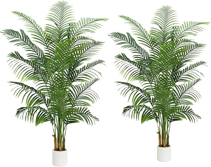 2 Pack Artificial Palm Tree Indoor Plant 7FT Tall Fake Tropical Palm Tree in Pot, Real Bark Design Faux Areca Palm Tree for Home Office Living Room Bedroom Farmhouse Modern Outdoor Topiary Tree