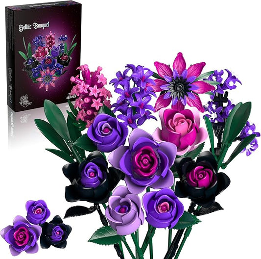 Purple Rose Bouquet Building Set: Compatible with Lego Flowers for Adults Women Gothic Artificial Botanical Collection Halloween Christmas Valentine's Gifts Home Decor (458 PCS)