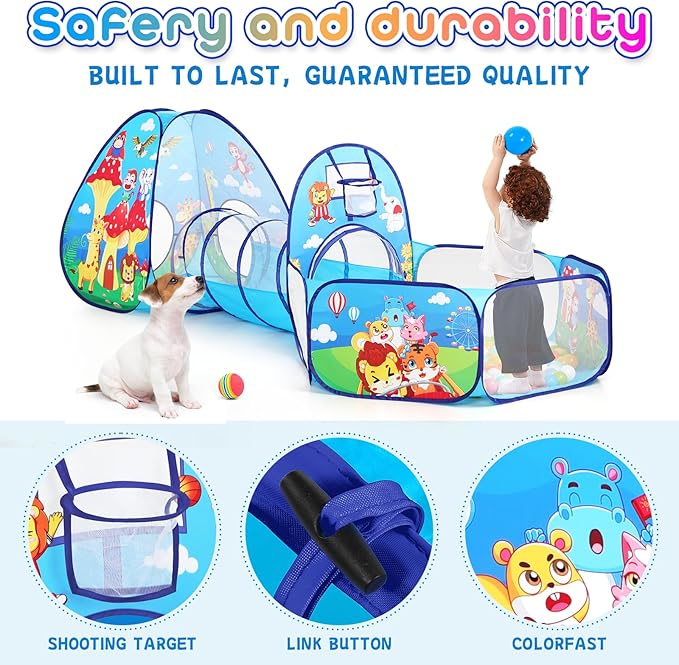 3pc Kids Play Tent with Play Tunnel and Ball Pit, Toddler Tent for Girls and Boys Indoor Playhouse, Gift Toys for Babies (Balls NOT Included)