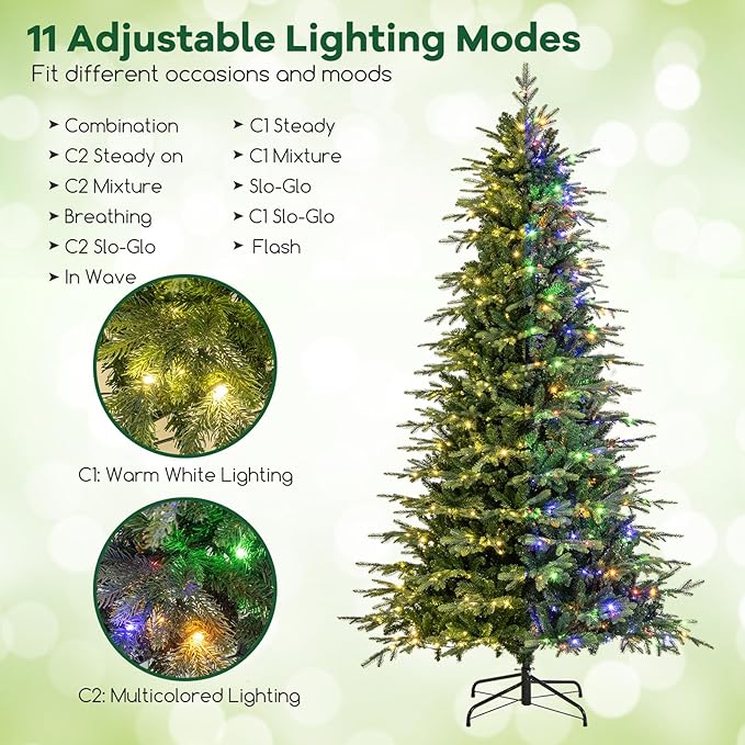 Goplus 9ft Pre-Lit Artificial Christmas Tree, Hinged Xmas Tree with 1770 PVC & PE Tips, 560 Multicolored & Warm White LED Lights, 11 Modes, Remote Control, Metal Stand, Home Office Decoration