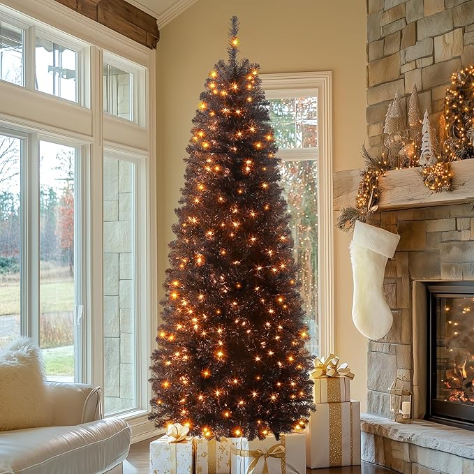 SHareconn 4ft Prelit Artificial Hinged Slim Pencil Christmas Tree with Warm White Lights, Full Branch Tips, Perfect Choice Decoration for Xmas Holiday, 4 FT, Black
