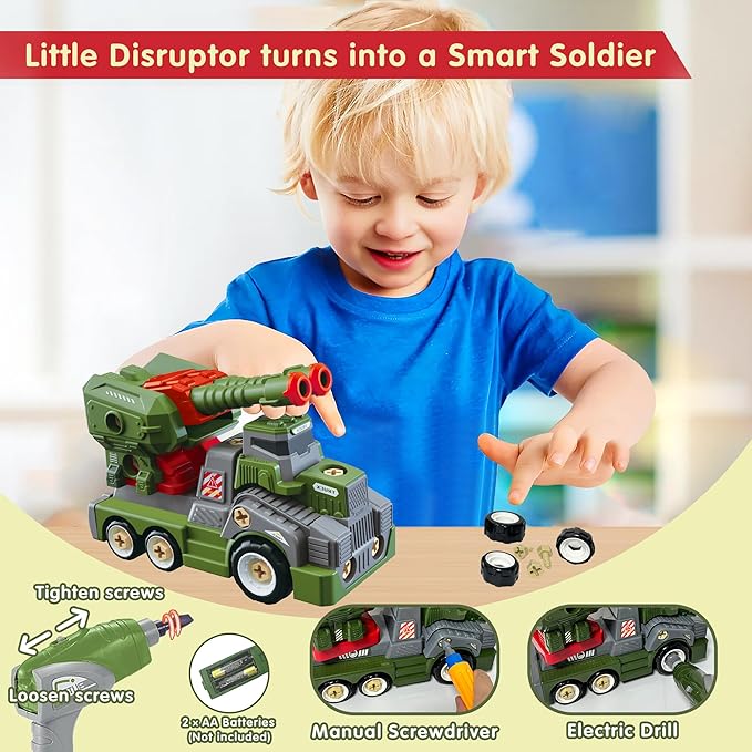 11inches Large Take Apart Trucks Army Toys for Boys Girls Kids 3-10 Year Old Missile Vehicles Anti Aircraft Trucks Toys with Electric Drill Assembly Toy