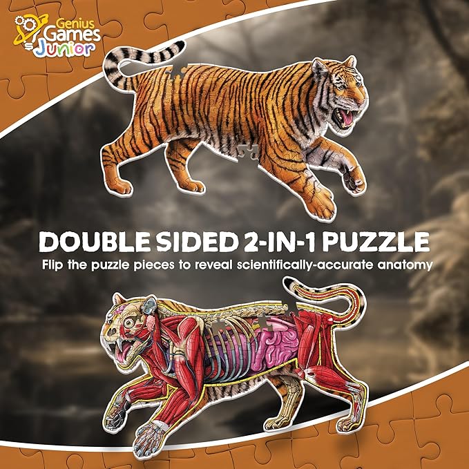 Tiger Animal Anatomy Floor Puzzle | 100-Piece Double Sided Jigsaw Puzzle | Large-Sized, Over 3 Feet Scientifically Accurate Illustration - Fun and Educational Toy for Kids, Toddlers and Families