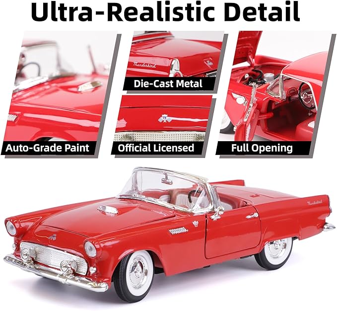 1955 Ford Thunderbird 1/18 Scale Die-Cast Metal Model Premium Classic Vintage Alloy Cars with Display Case, with Opening Doors, Best Gift for Men, Dad & Kids 14+ Years (Red)