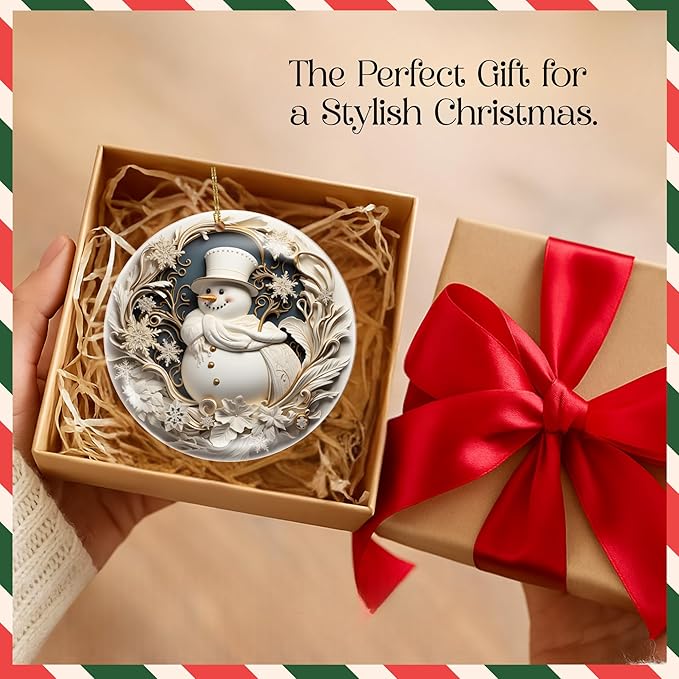 2025 Christmas Ornament – Elegant White & Gold Snowman Acrylic Ornament, Luxury Design for Tree & Holiday Décor, Dated Navidad 2025 Ornament, Classic Winter Decoration Gift Idea