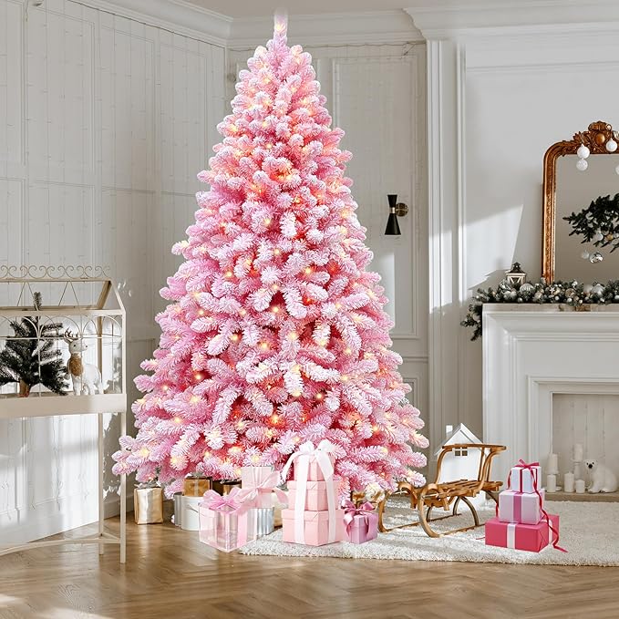 Christmas Tree 7.5 ft, Pink Prelit Christmas Tree with Lights, Flocked Christmas Trees Prelit with 10 Modes Colorful 400 Lights, Easy Assembly Artificial Christmas Trees with Fluffy Tips
