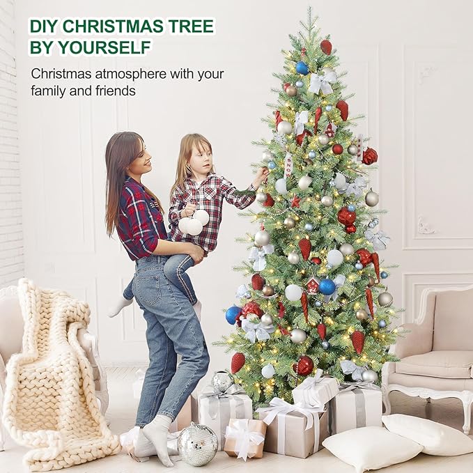 9 FT Prelit Artificial Skinny Christmas Tree,Blue Spruce Slim Pencil Xmas Tree with 2470 PE&PVC Mixed Branch Tips,650 UL Listed Clear Lights,Hinged Pine Tree with Metal Stand for Home Office Décor
