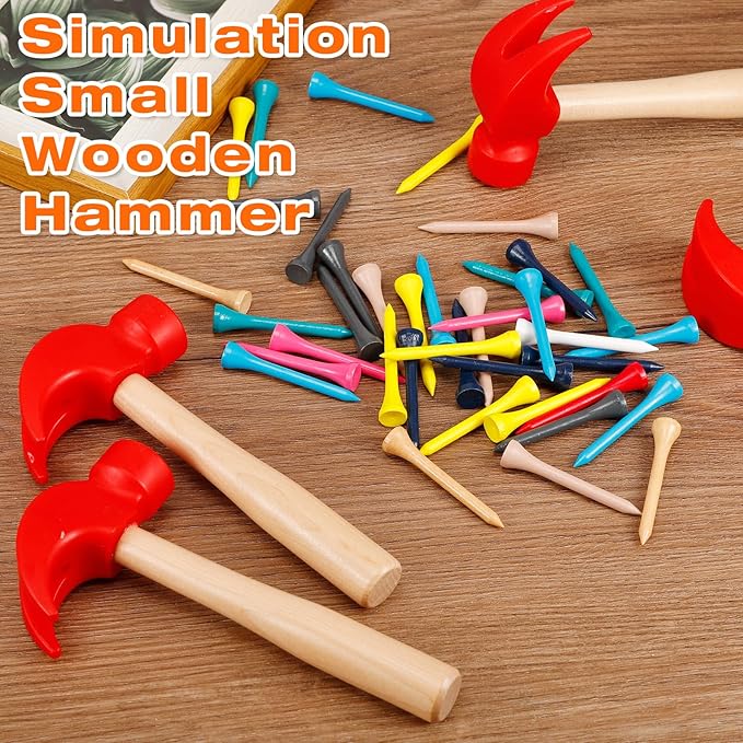 10 Pcs Wooden Hammer Toys,Kids Hammer Toys with 100 Pcs Colorful Wood Golf Tees,Small Plastic Hammer,Simulation Hammers Maintenance Tools Educational Toys for Play School Gift Party