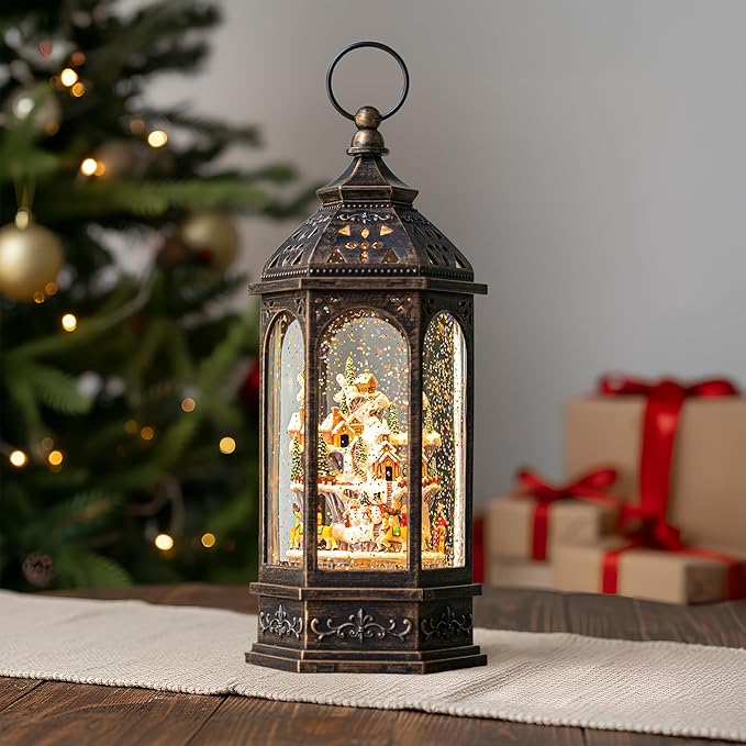 12.8'' Christmas Village Snow Globe Lantern, Santa Sleigh with Reindeer Will Rotate Around The Snowy Mountain Village with Musics Swirling Glitter Water Lantern for Home Decoration and Gift