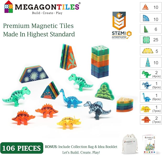 106 PCS Dinosaur Magnetic Tiles Set,Magnet Building Blocks Dino World Toys,TEM AUTHENTICATED,Magnet Tiles Animals for Toddlers Boys Girls Kids Age 3 4 5 6 7 8