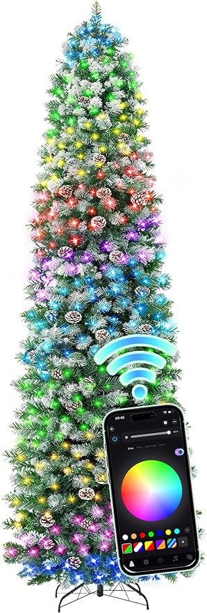 HOLLO STAR 9 ft Prelit Christmas Tree with 500 LED Lights, App Control, Slim Pencil Christmas Tree, Multi-Color RGBW Lights, 1426 Flocked Frosted Tips, Xmas Tree, 95 Pine Cones, for Home, Party