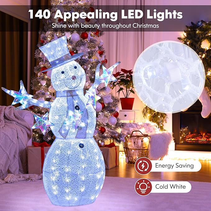 Tangkula 5 FT Christmas Lighted Snowman with Stars, Lighted Christmas Decoration with 140 Cold White LED Bulbs, Ground Stakes & Zip Ties Included, Xmas Festive Decoration for Indoor & Outdoor