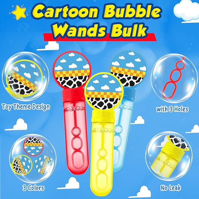 24 Pcs Cartoon Toy Bubble Wands Blue Sky White Clouds and Cow Print Mini Bubble Party Favor for Kids Toddlers Christmas Birthday Goody Bag Stuffer Filler Classroom Reward Gifts(Red, Yellow, Blue)