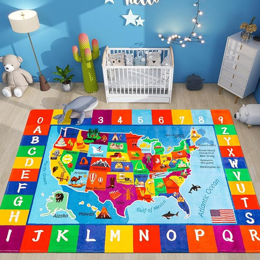 USA Map ABC Kid Rug 39.4" × 63" for Playroom Geography Classroom Rug Educational Baby Playmat Alphabet Mat for Primary School Fluffy Ployester Non-Slip Preschool Carpet for Nursery Room