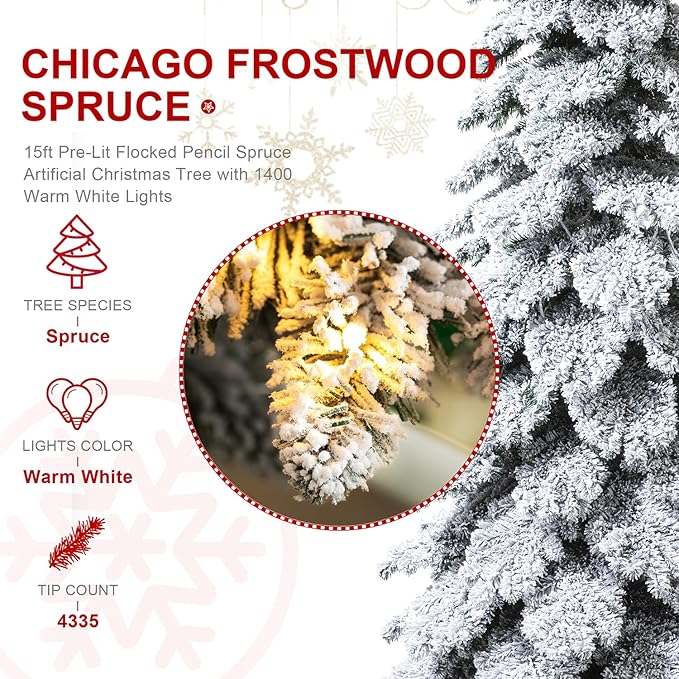 Glitzhome 15ft Pre-Lit Flocked Pencil Artificial Christmas Tree, Large Holiday Xmas Tree Chicago Frostwood Spruce with 1400 Warm White Lights and Sturdy Metal Stand for Home, Office, Party Decoration