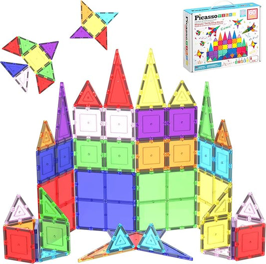 PicassoTiles 60 Piece Set 60pcs Magnet Building Tiles Clear Magnetic 3D Blocks Construction Playboards - Creativity Beyond Imagination, Inspirational, Recreational, Educational, Conventional