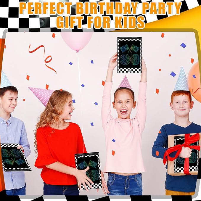 Nezyo 12 Pack Large Race Car Party Favors LCD Writing Tablet for Kids 8.5 Inch Race Car Drawing Tablet Erasable Reusable Electronic Black and White Checkered Drawing Pads for Birthday Supplies Gifts