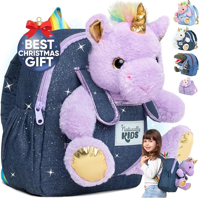 Unicorn Toys for Girls Age 4-6, Unicorn Gifts for 4 Year Old Girl, Birthday Gift 5 Year Old Boy, Small Toddler Backpack Age 2-6 (10’’h) w Detachable Purple Toy, Side&Inner Pockets, Reflective Logo