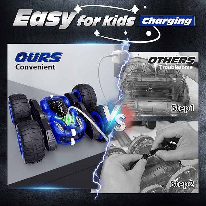 Tecnock Remote Control Car, 2.4GHz RC Cars with USB-C Easy Charging, 4WD Double Sided 360° Rotates and Flips RC Stunt Car, Toys Gift for Boys and Girls Ages 6-8, 8-12