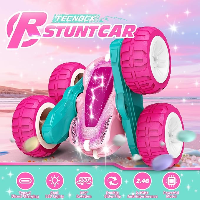 Tecnock Pink Remote Control Car for Girls and Boys, 2.4GHz RC Cars with USB-C Easy Charging, 4WD Double Sided 360° Rotates and Flips RC Stunt Car, Toys Gift for Kids Ages 6-8, 8-12