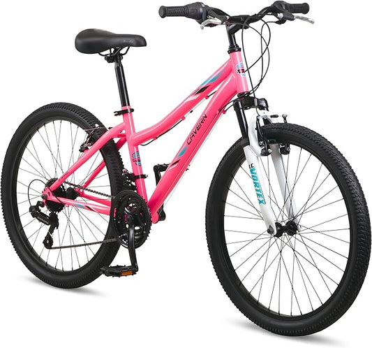 Cavern Mountain Bike for Youth or Adult Boys Girls, 7 or 21-Speed Twist Shifter Options, 20/24/26-Inch Wheels, 11 to 17.5-Inch Steel Frame, Front Suspension, Kickstand Included