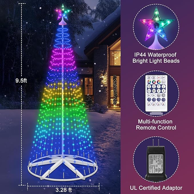9.5FT Lighted Outdoor Christmas Tree Smart App Control, RGB Chirstmas Cone Tree Lights Music Sync, DIY Prelit Christmas Tree Lightshow, Magical Xmas String Lights Timer Remote for Indoor Outdoor Decor