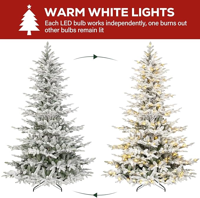 Hykolity 6ft Prelit Snow Flocked Aspen Fir Christmas Tree with 330 Clear LED Lights, Realistic 797 PE PVC Branch Tips, Foldable Metal Stand and Premium Hinged Branches