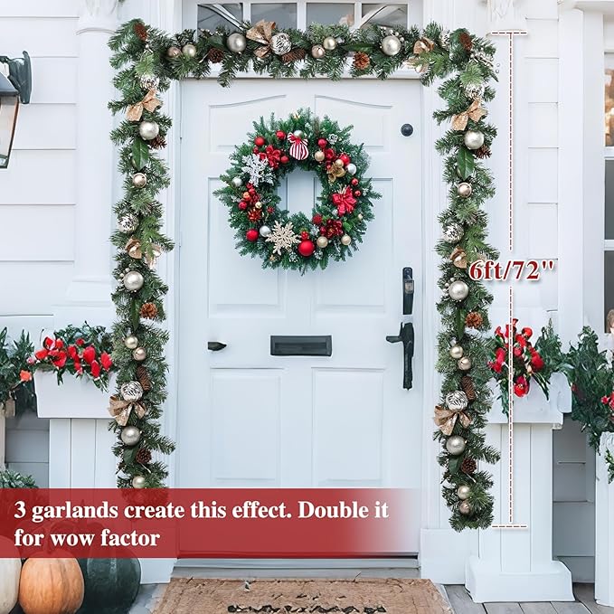 Christmas Garland Lighted Indoor Outdoor Decorations Artificial Christmas Garlands with Light Mantel Pine Cone for Door Porch Holiday Party Outdoor Indoor Xmas Decor 6FT Gold A