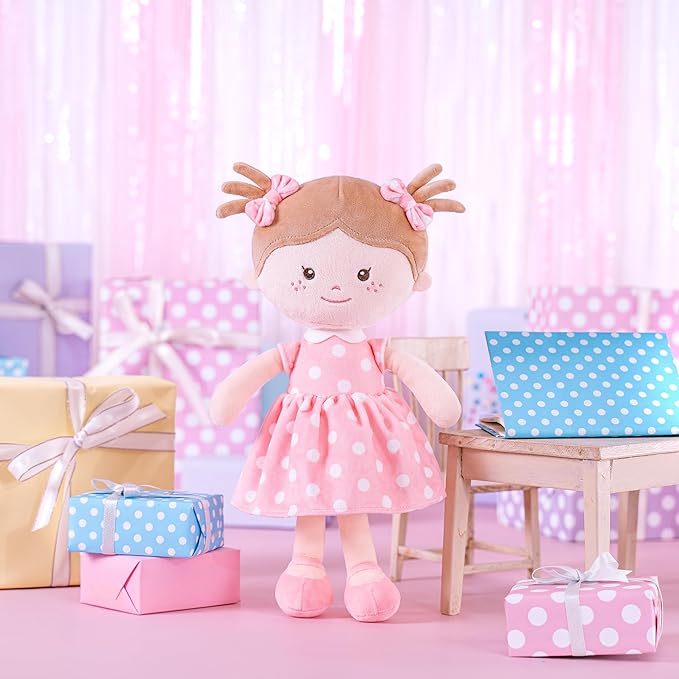 Onetoo Plush Rag Doll Sleeping Cuddle Buddy Doll Soft Baby Doll First Baby Doll Wear Coral Polka Dot Dress 14"（Milly Series）