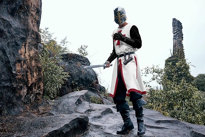 Ryannology Mens Crusader Costume Medieval Templar Renaissance Knight Warrior Tunic Retro Halloween Cosplay Top with Cross