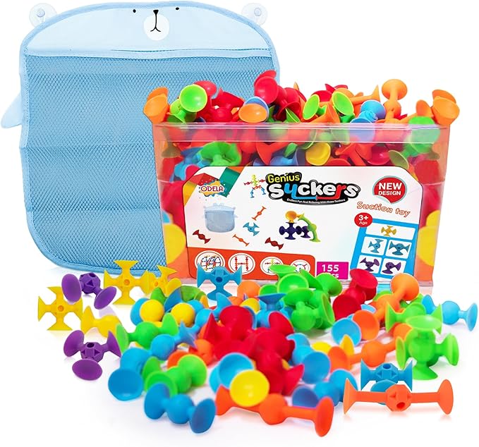 ODELA Genius Suckers 155Pcs Suction Toy Kids Sensory Toys – Baby Toy Suckers Building Toys – STEM Development Sucker Toys for Kids – Colorful Suction Toy for 3 Year Olds – Interactive Bath Toy Set