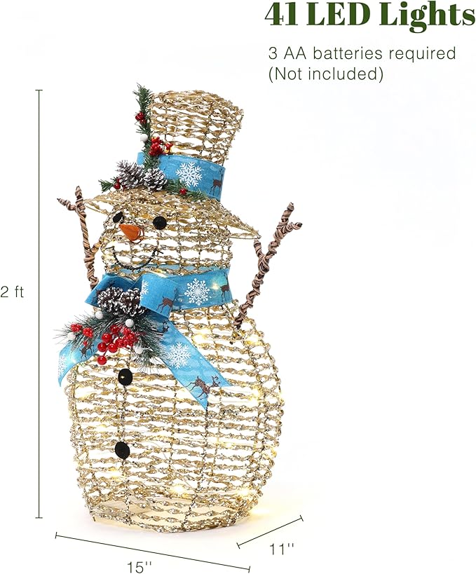 LuxenHome 2FT Lighted Snowman Outdoor Christmas Decorations, Battery Operated Gold Ribbon Snowman Christmas Decor with 41 LED Light, Blue Scarf & Hat, Xmas Decorations Outdoor Holiday Display