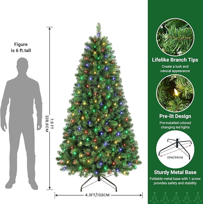 SHareconn 7.5ft Prelit Premium Artificial Classic Spruce Christmas Tree, 360 Warm White & Color LED Changing Lights, 1220 Branch Tips, Perfect Choice for Xmas Decoration,7.5 FT