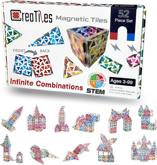 Magnetic Tiles Set - 52 PCS Double-Sided Color Tiles for Kids | Unique Geometric Design for More Creative Builds | STEM Toy for Ages 3 4 5 6 7 8 9+ Birthday Gift Boys & Girls