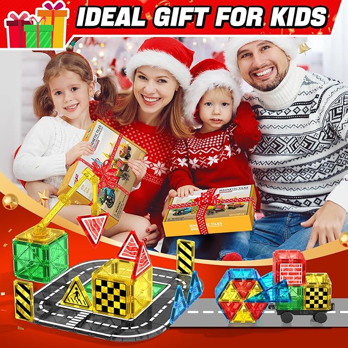 Magnetic Tiles Road Building Blocks - Magnet Crane Car Set for Kids Ages 3-5 4-8 5-7 Preschool City Construction Kids Games Dinosaur Toddler Toys for 3+ Year Old Boys Girls Christmas Birthday Gifts