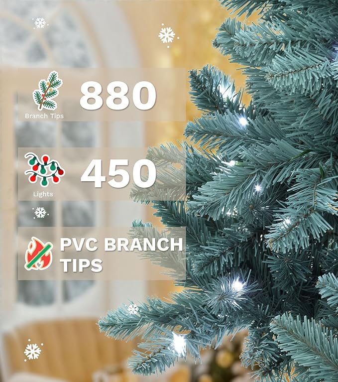 DWVO Prelit Christmas Tree 6ft, Colorado Blue Spruce Atificial Christmas Tree with 450 Cold LED Lights Includes Metal Stand, Green Full Xmas Trees with 880 Metal Hinged Branch Tips, for Home Party