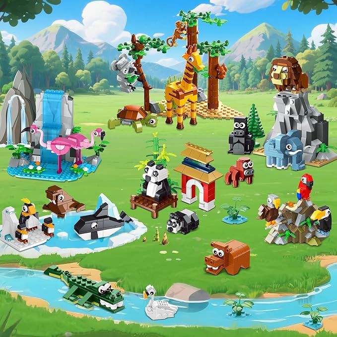 HOGOKIDS 25 Animals Zoo Building Set with Play Mat - 8 Pack Zoo Scene modules Building Blocks Toy for Party Favors Goodie Bag Classroom Prizes Fillers Birthday Gifts for Kids Boys Girls 6+ (1460PCS)